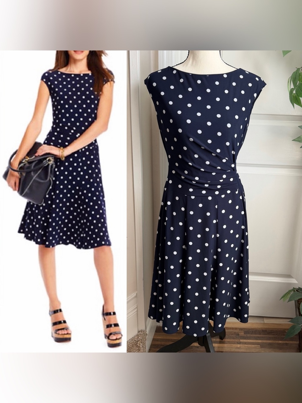 Lauren Ralph Lauren Polka Dot Ruched Fit & Flare Dress Navy Sz 6